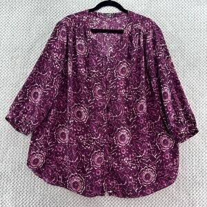 NYDJ Top Women 1X Purple Floral Hidden Button Up 3/4 Sleeve Notch V-Neck Boho